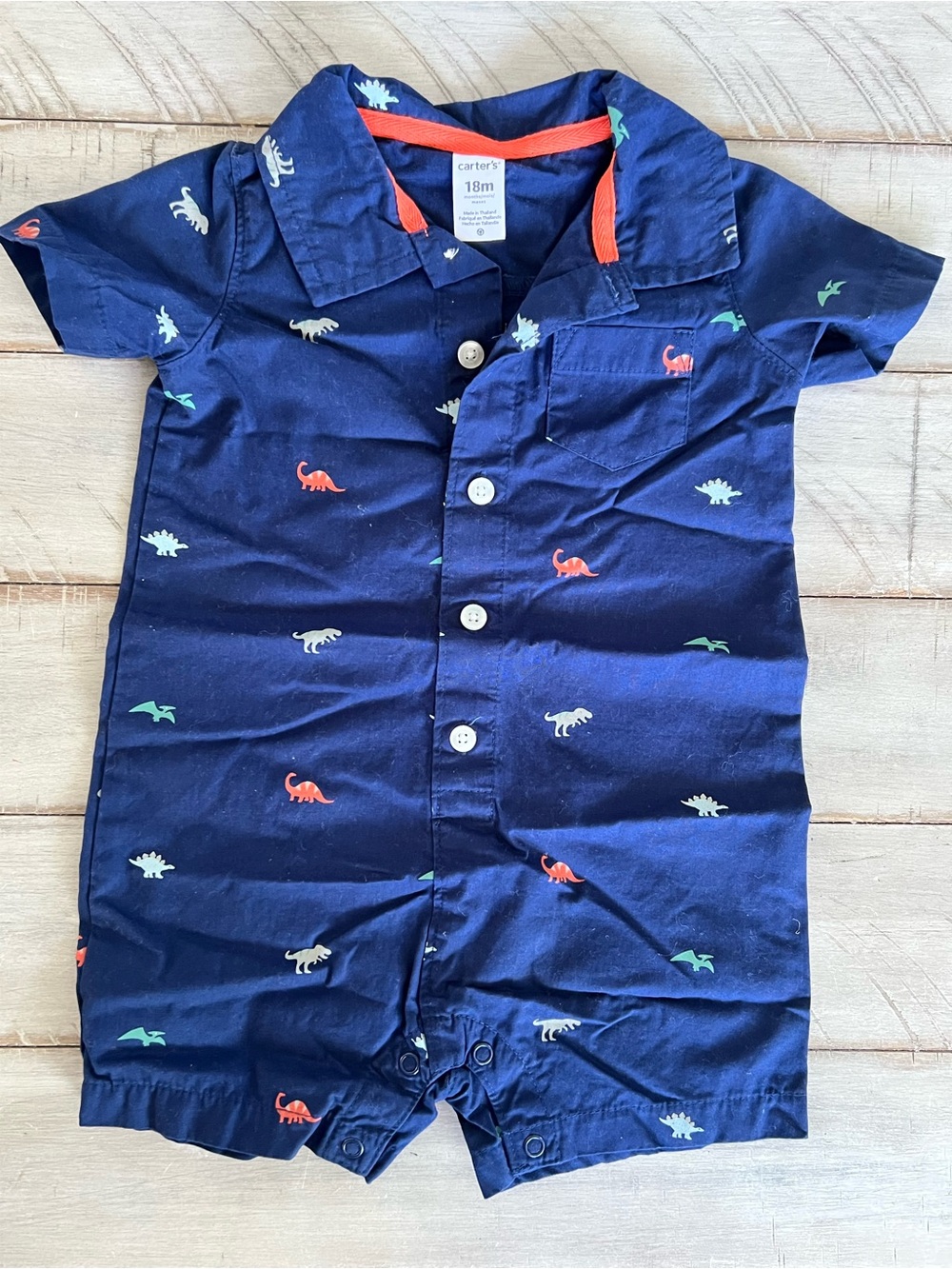 Carter's Navy Blue Dino Button-Up Short Romper 18m